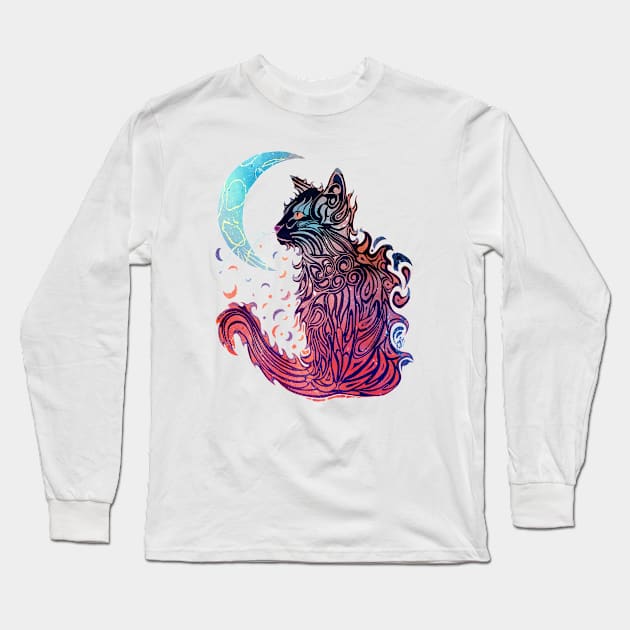 Cat Moon Dreaming (Red Kitty Edition) Long Sleeve T-Shirt by Artist Layne